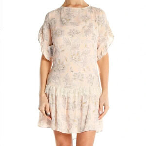 LOFT Women Floral Paisley Lace Ruffle Mini Dress Pink Size M Short Sleeve